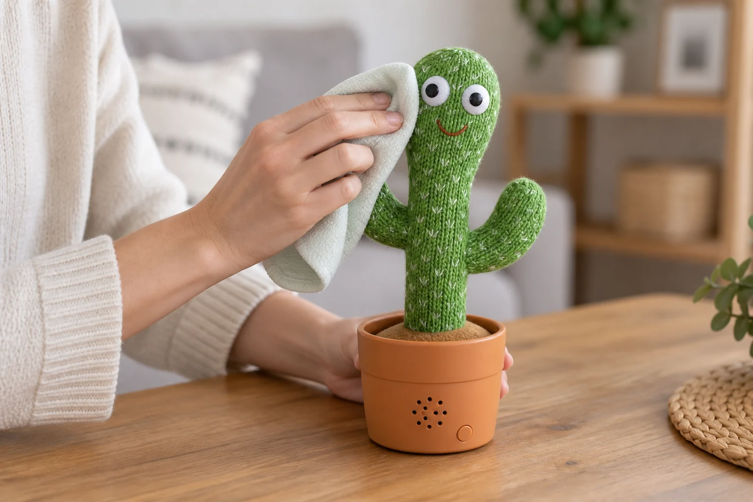 Une main nettoie doucement le tissu vert d'un cactus parlant avec un chiffon, loin de sa base électronique.