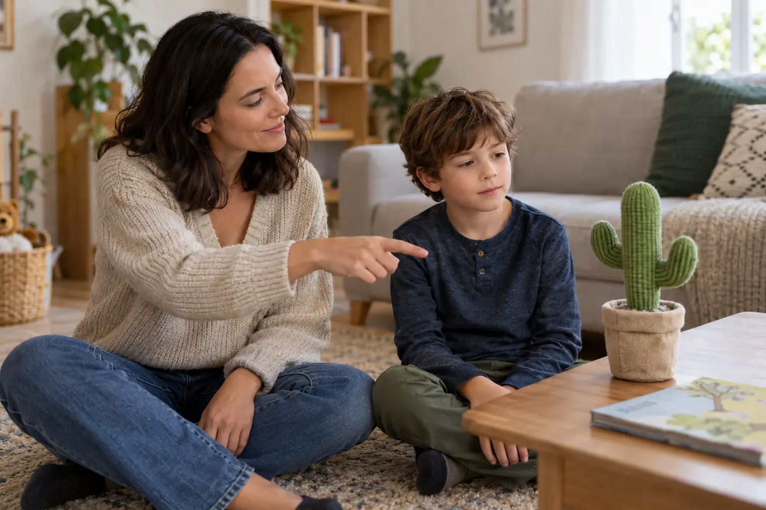 Un enfant observe un jouet en forme de cactus posé à distance de son visage, avec un adulte à ses côtés.